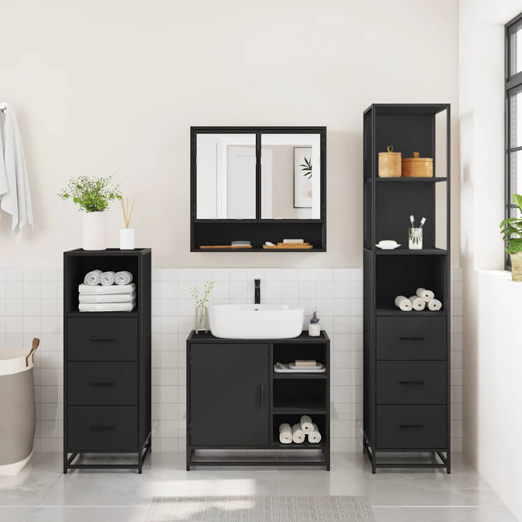 Set de mobilier de baie 4 piese Lemn negru prelucrat