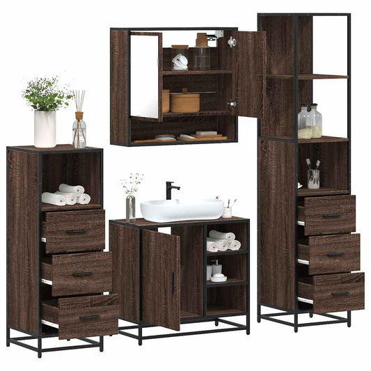 Set de mobilier de baie din 4 piese din lemn de stejar maro