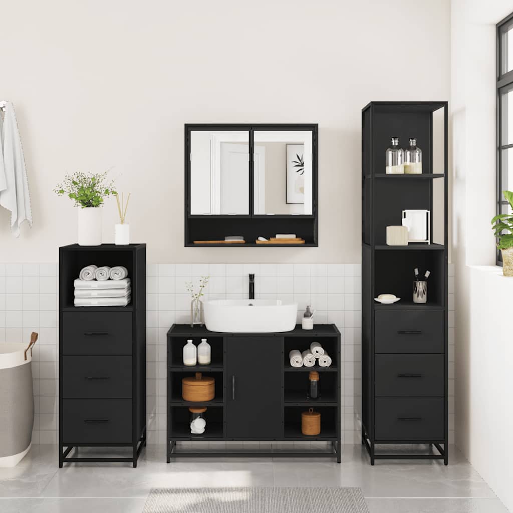Set de mobilier de baie 4 piese Lemn negru prelucrat