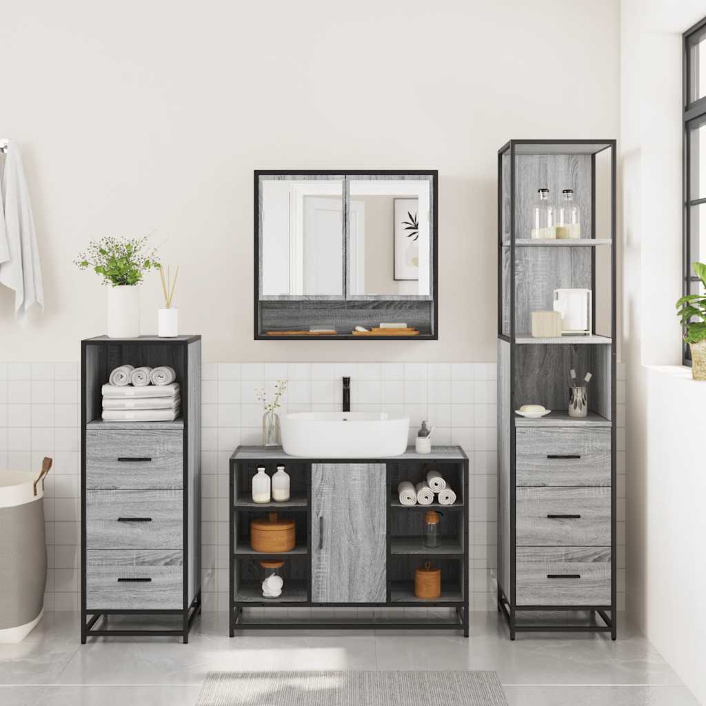 Set de mobilier de baie 4 piese Lemn stratificat gri Sonoma