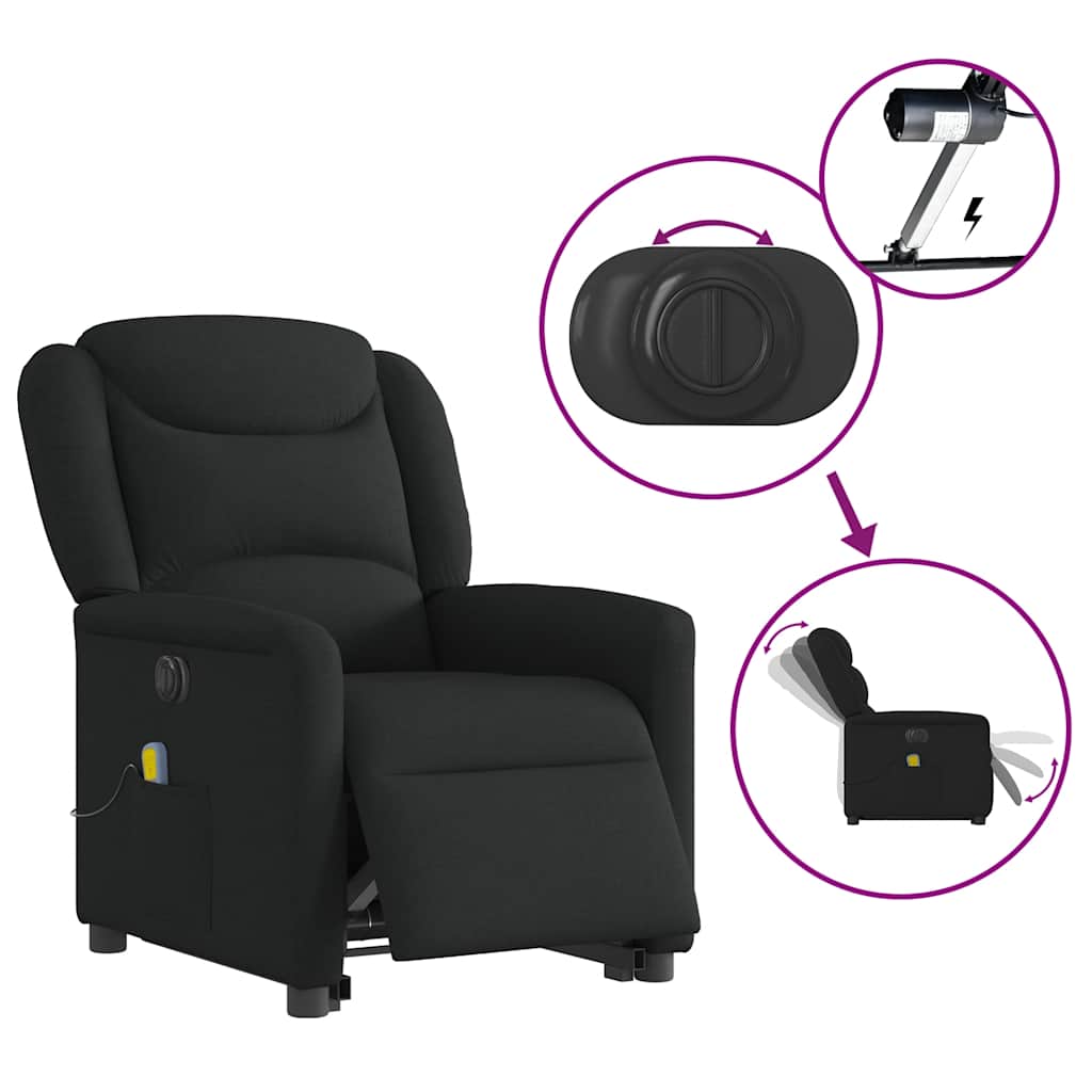 Fotoliu electric de masaj rabatabil cu ridicare, negru, textil