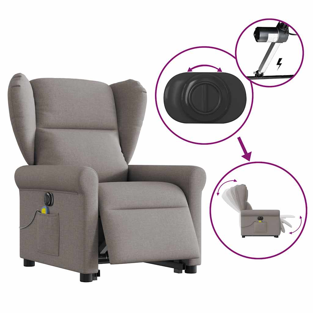 Fotoliu electric masaj rabatabil cu ridicare, gri taupe, textil
