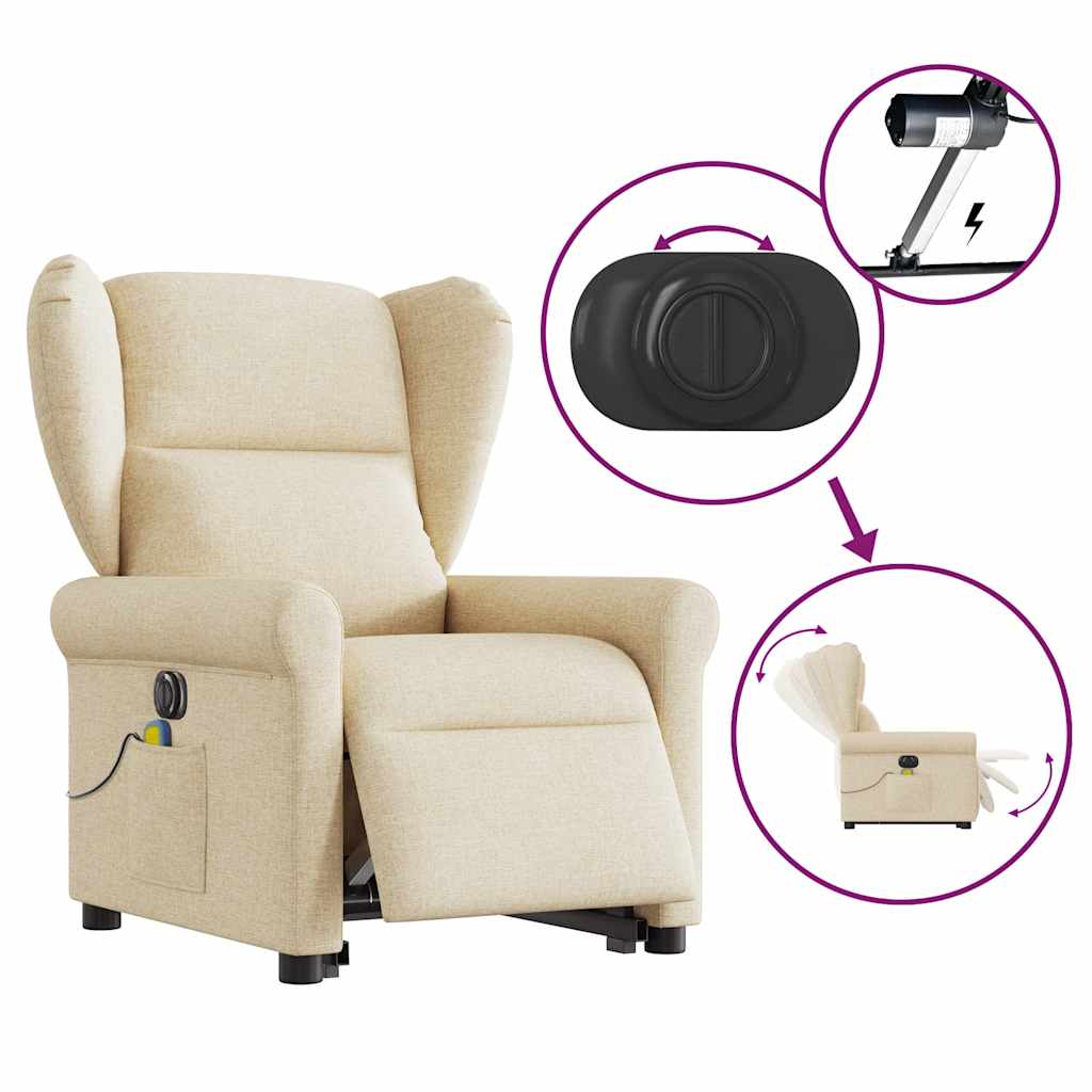 Fotoliu electric de masaj rabatabil cu ridicare, crem, textil