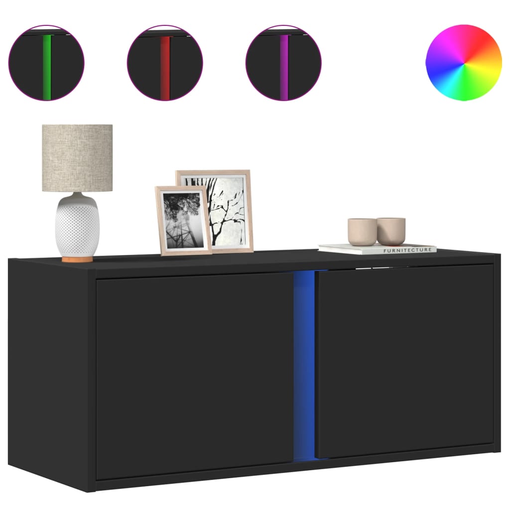 Dulap TV de perete cu lumini LED negru 80x31x35 cm