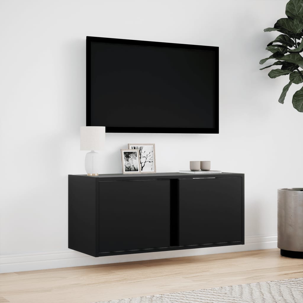 Dulap TV de perete cu lumini LED negru 80x31x35 cm
