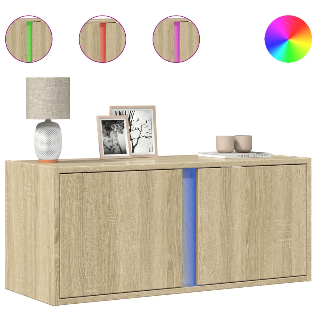 Comodă TV de perete cu lumini LED, stejar sonoma, 80x31x35 cm