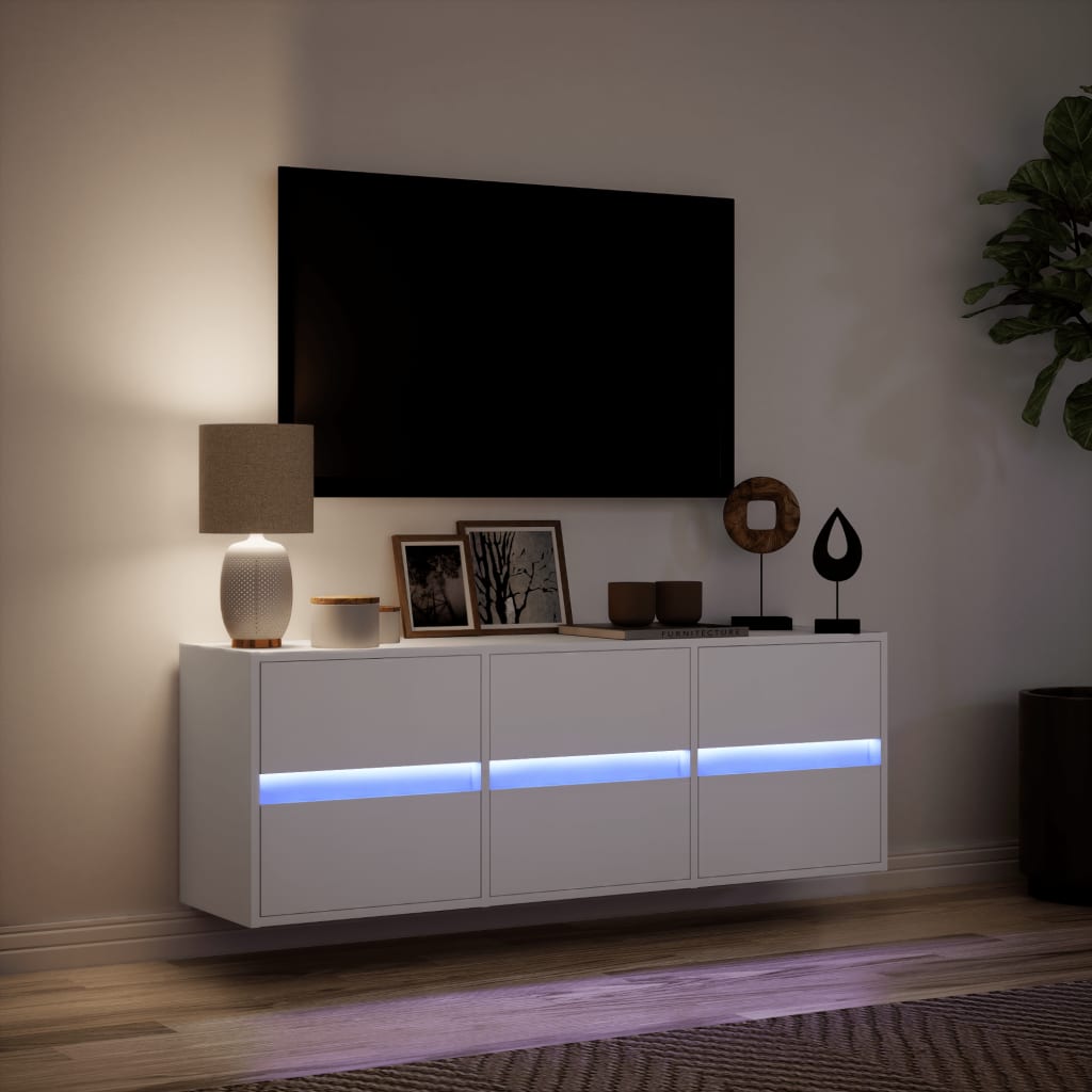 Comodă TV de perete cu lumini LED, alb, 130x31x45 cm