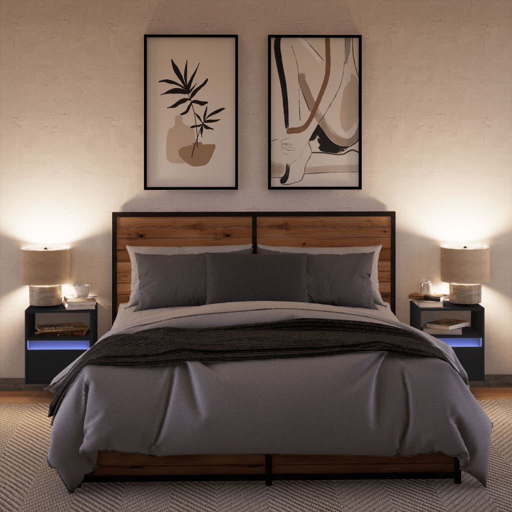 Comode TV de perete cu lumini LED, 2 buc., negru, 41x31x45 cm