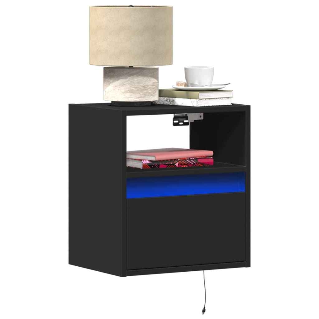 Comode TV de perete cu lumini LED, 2 buc., negru, 41x31x45 cm