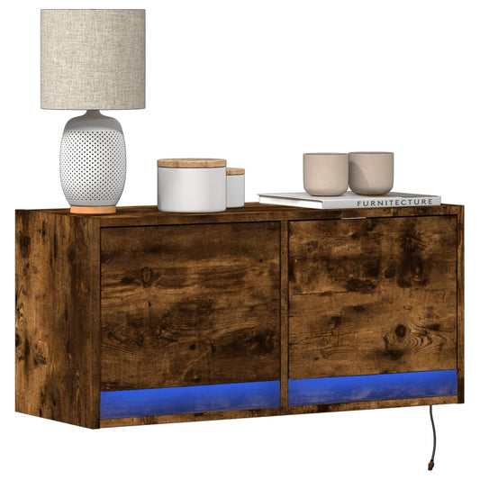 Comodă TV de perete cu lumini LED, stejar fumuriu, 80x31x38 cm