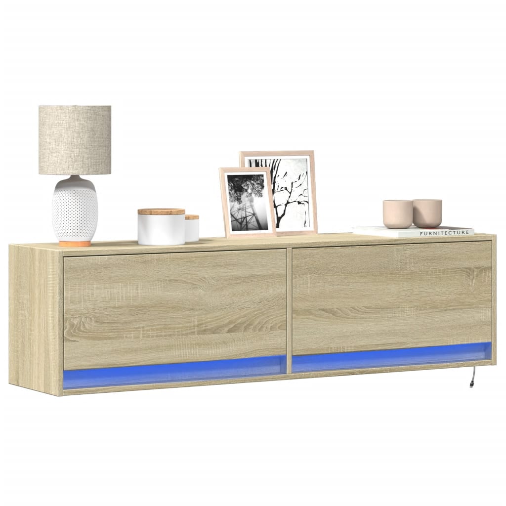 Comodă TV de perete cu lumini LED, stejar sonoma, 140x31x38 cm