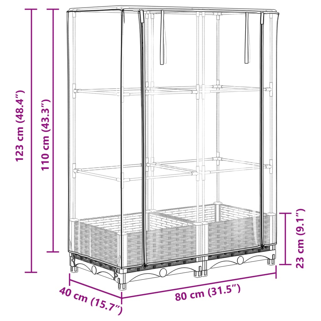 Strat înălțat cu husă de seră, aspect ratan, 80x40x123 cm