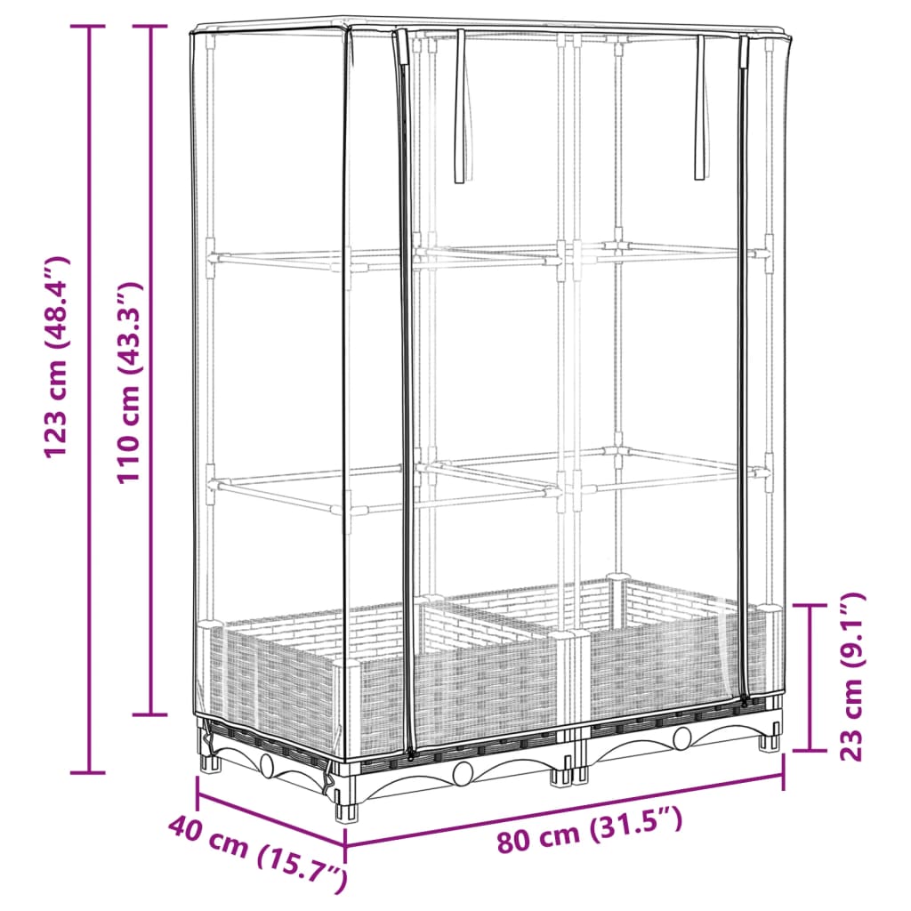 Strat înălțat cu husă de seră, aspect ratan, 80x40x123 cm