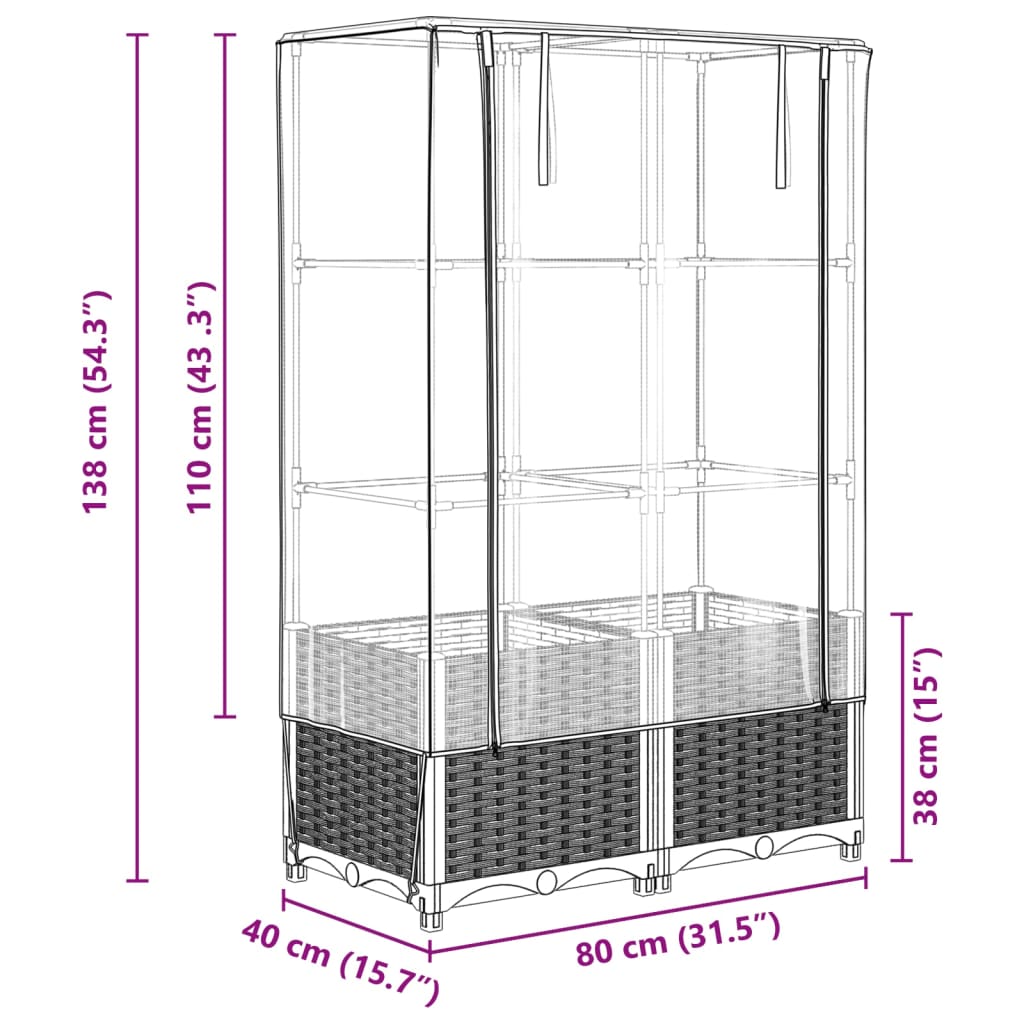 Strat înălțat cu husă de seră, aspect ratan, 80x40x138 cm