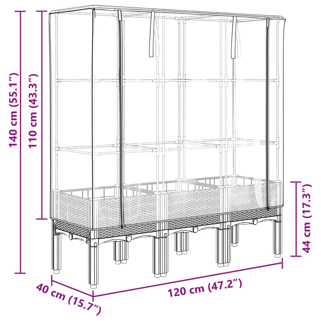 Strat înălțat cu husă de seră, aspect ratan, 120x40x140 cm