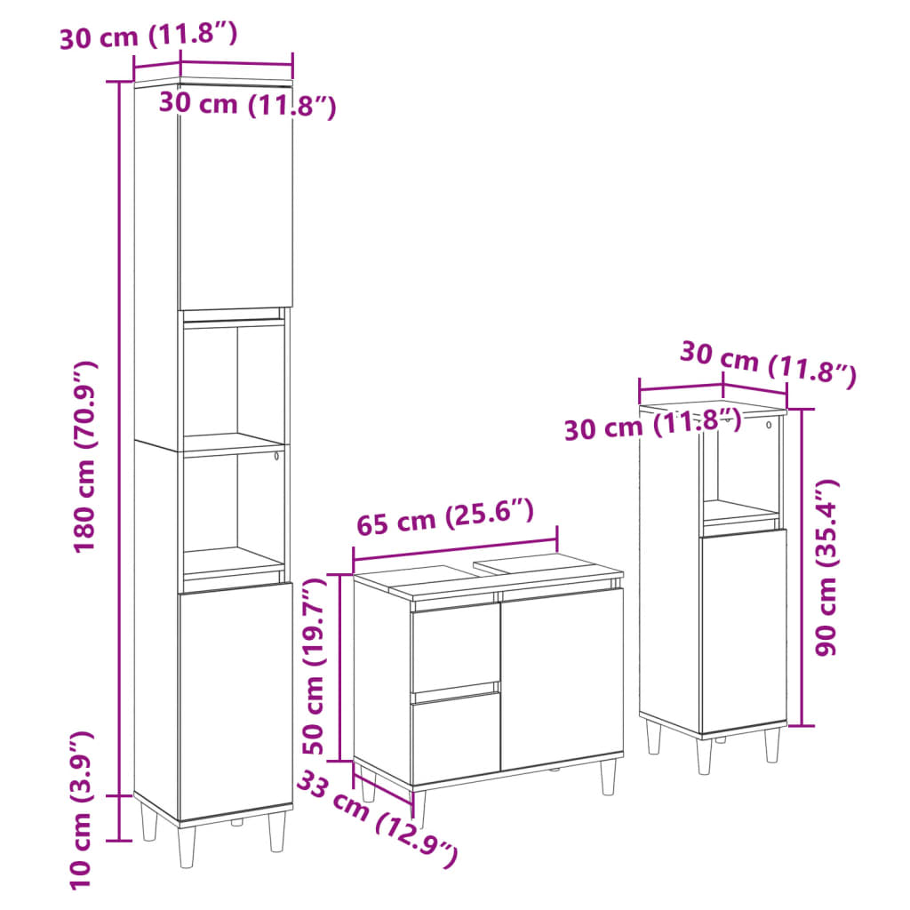 Set mobilier de baie, 3 piese, stejar sonoma, lemn prelucrat