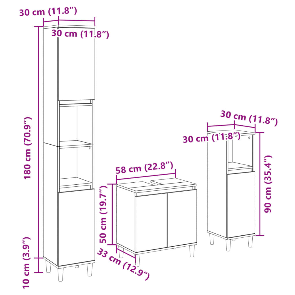 Set mobilier de baie, 3 piese, stejar sonoma, lemn prelucrat