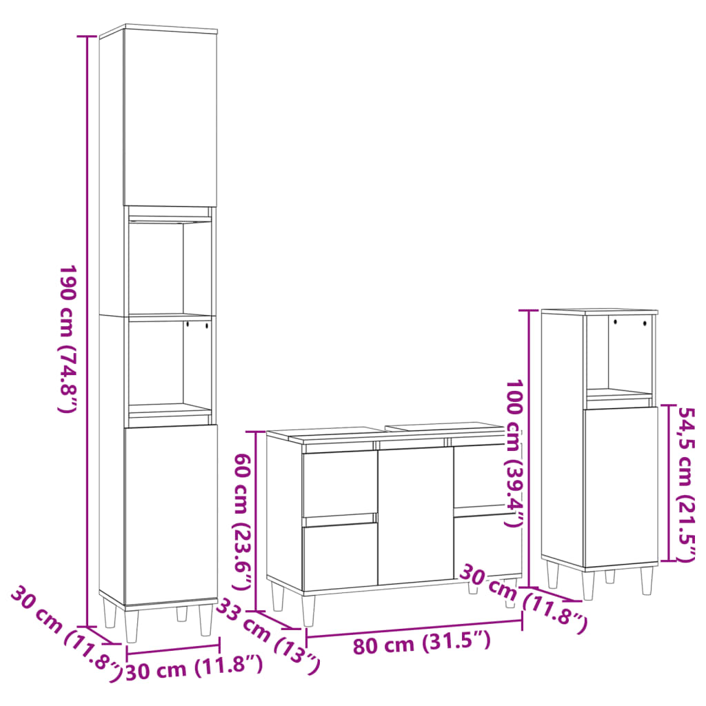 Set mobilier de baie, 3 piese, stejar sonoma, lemn prelucrat