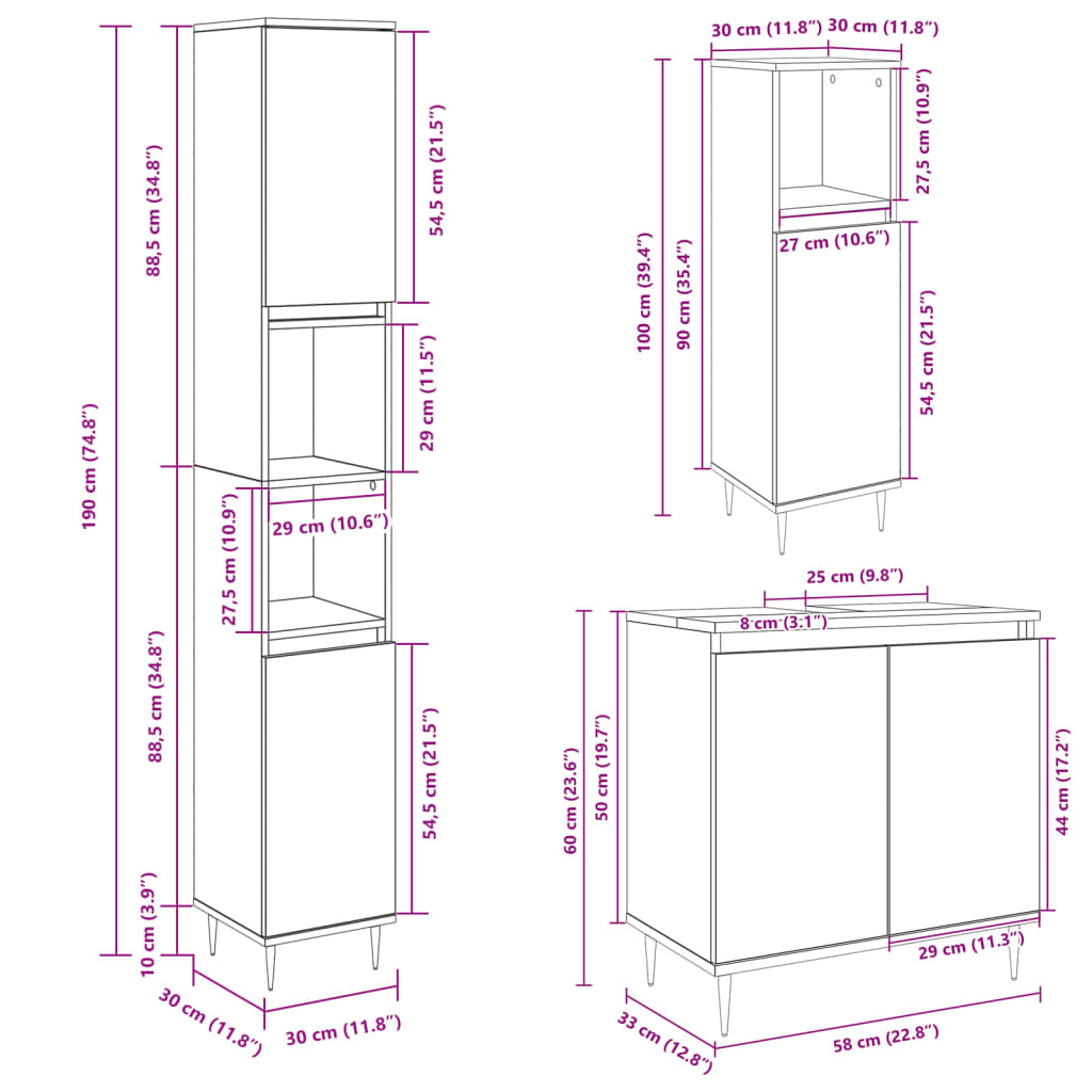 Set mobilier de baie, 3 piese, stejar sonoma, lemn prelucrat