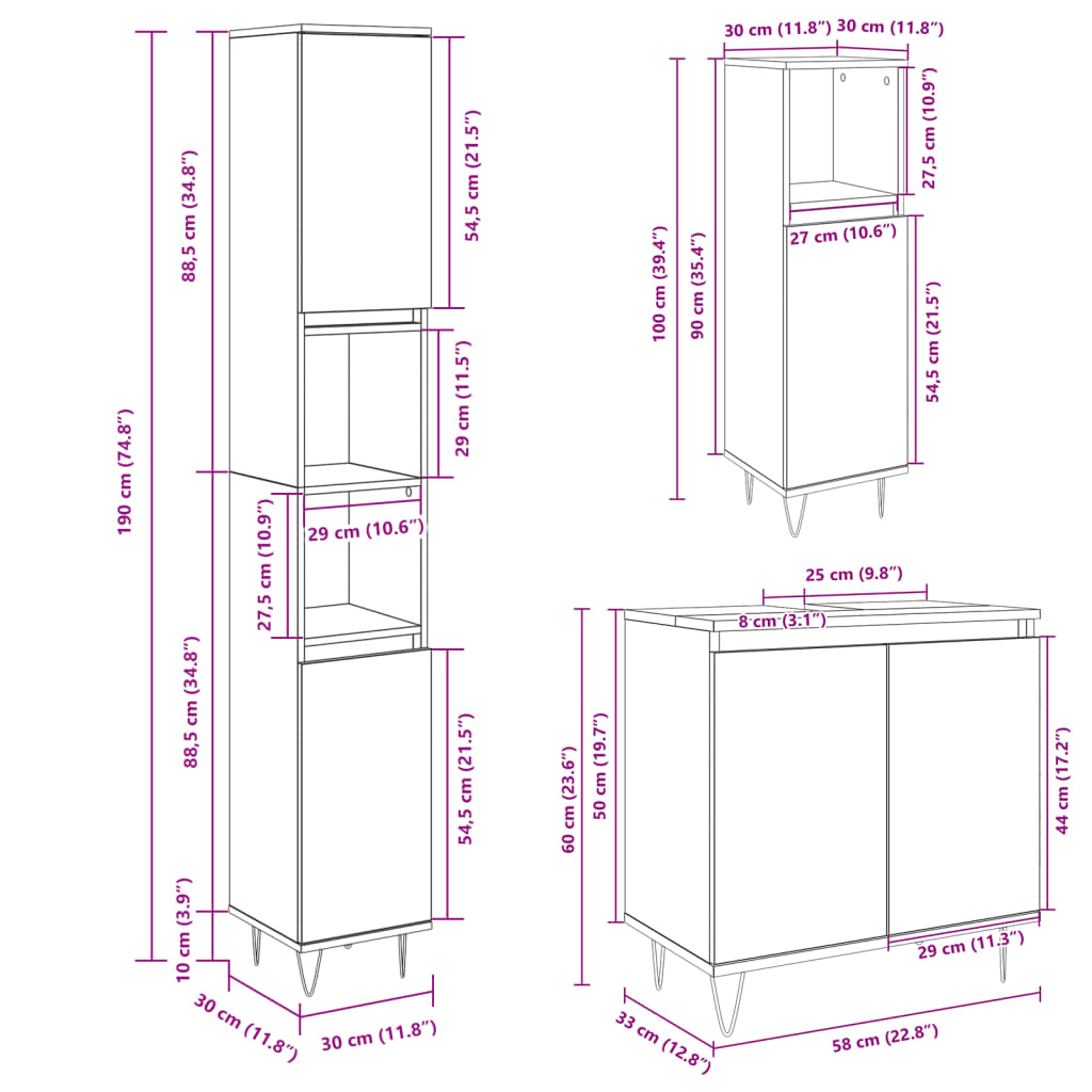 Set mobilier de baie, 3 piese, stejar sonoma, lemn prelucrat