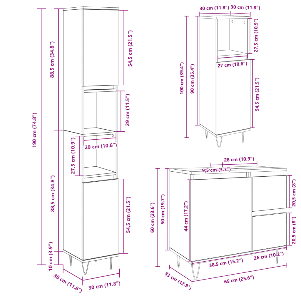 Set mobilier de baie, 3 piese, stejar sonoma, lemn prelucrat