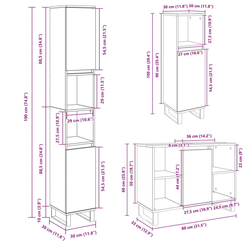 Set mobilier de baie, 3 piese, stejar sonoma, lemn prelucrat