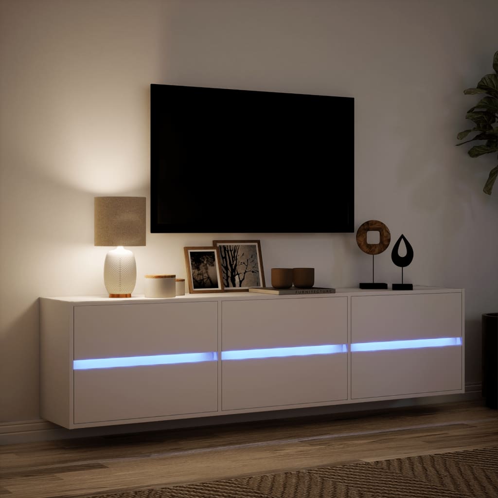 Comodă TV de perete cu lumini LED, alb, 180x31x45 cm
