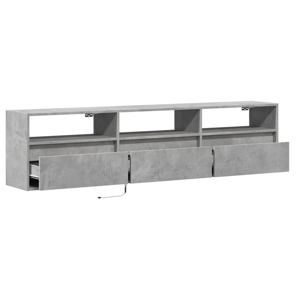 Comodă TV de perete cu lumini LED, gri beton, 180x31x45 cm
