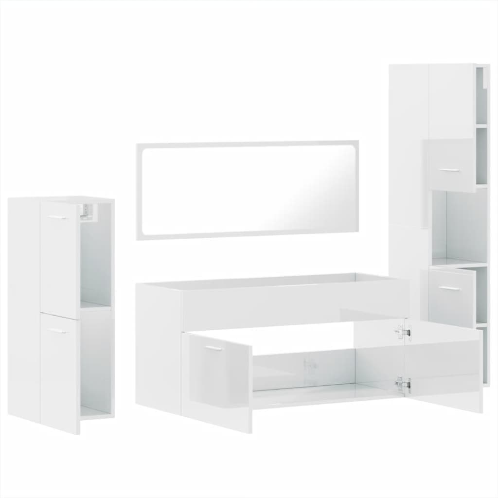 Set mobilier de baie, 4 piese, alb extralucios, lemn prelucrat