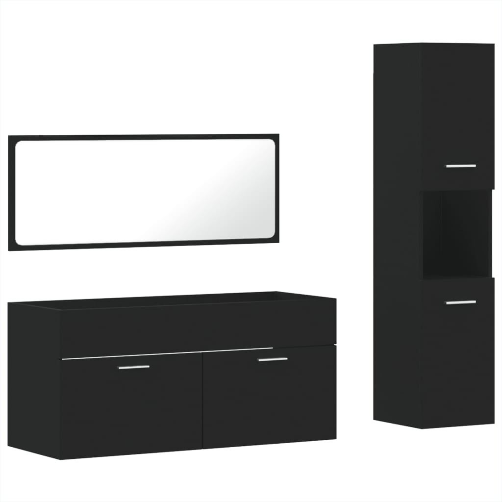 Set mobilier de baie, 3 piese, negru, lemn compozit