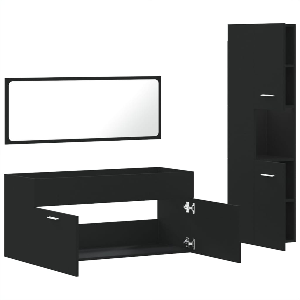 Set mobilier de baie, 3 piese, negru, lemn compozit