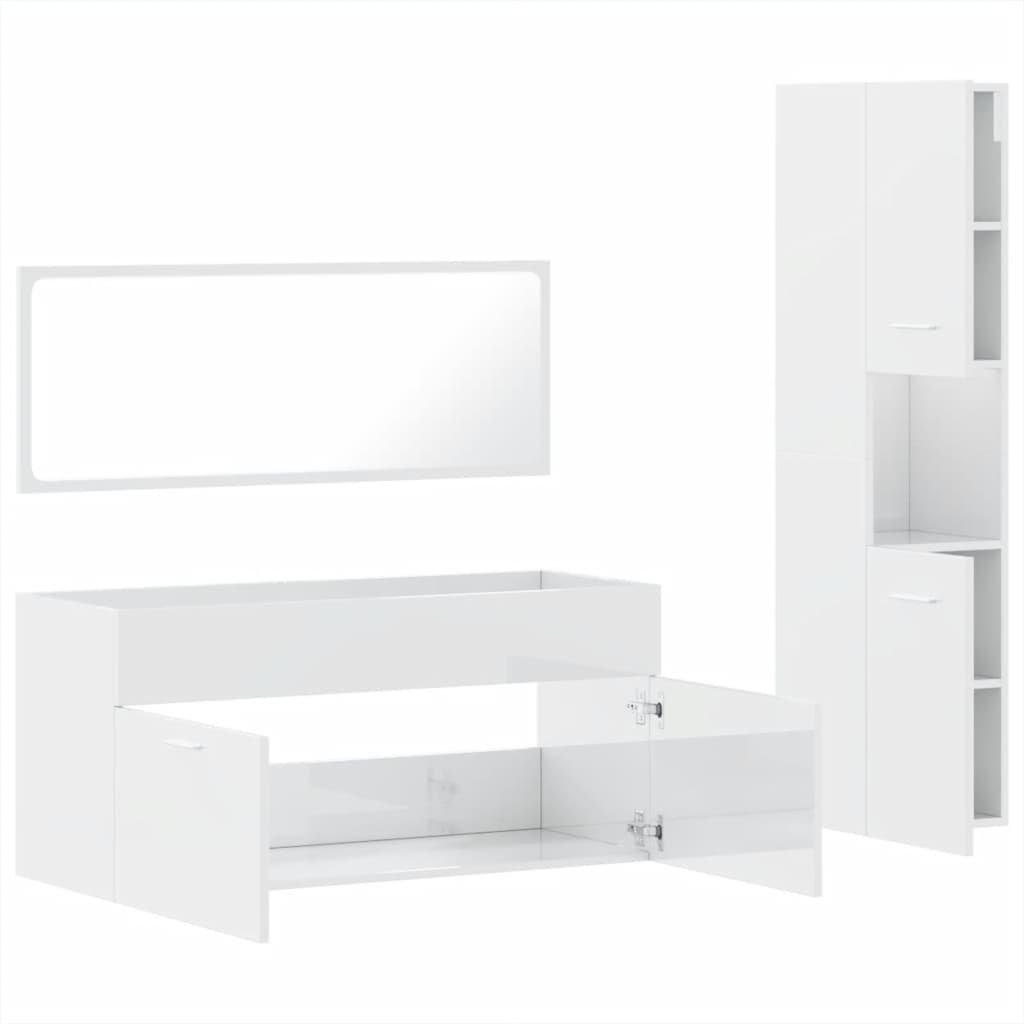 Set mobilier de baie, 3 piese, alb extralucios, lemn compozit