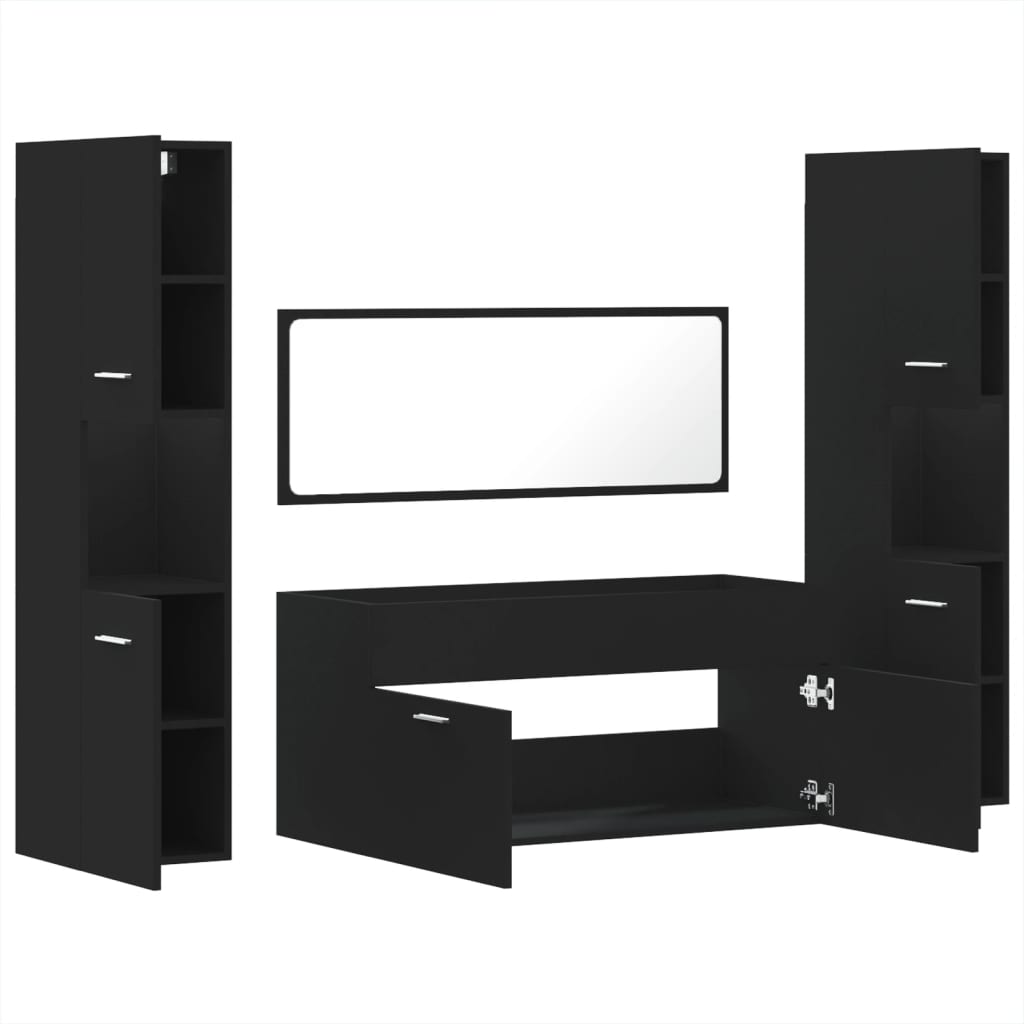 Set mobilier de baie, 4 piese, negru, lemn prelucrat