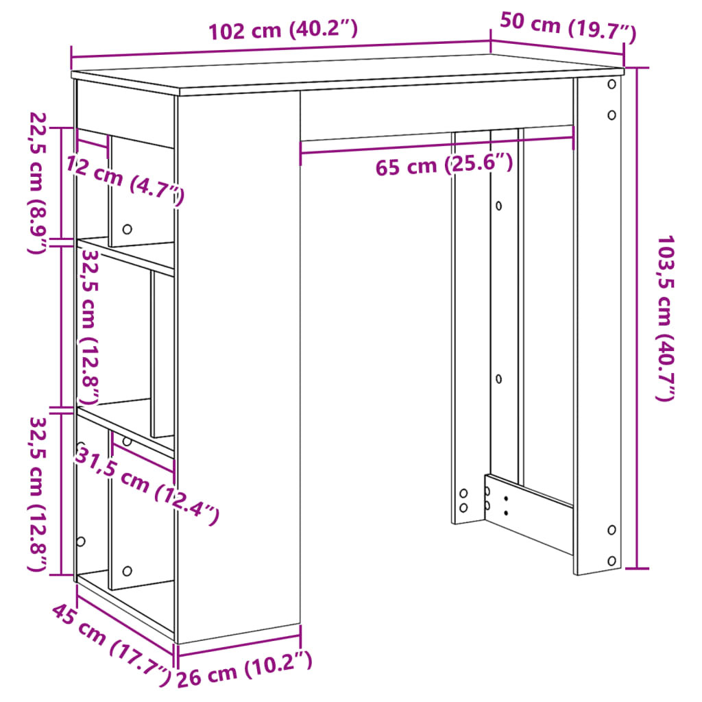 Masă de bar cu rafturi, alb, 102x50x103,5 cm, lemn prelucrat