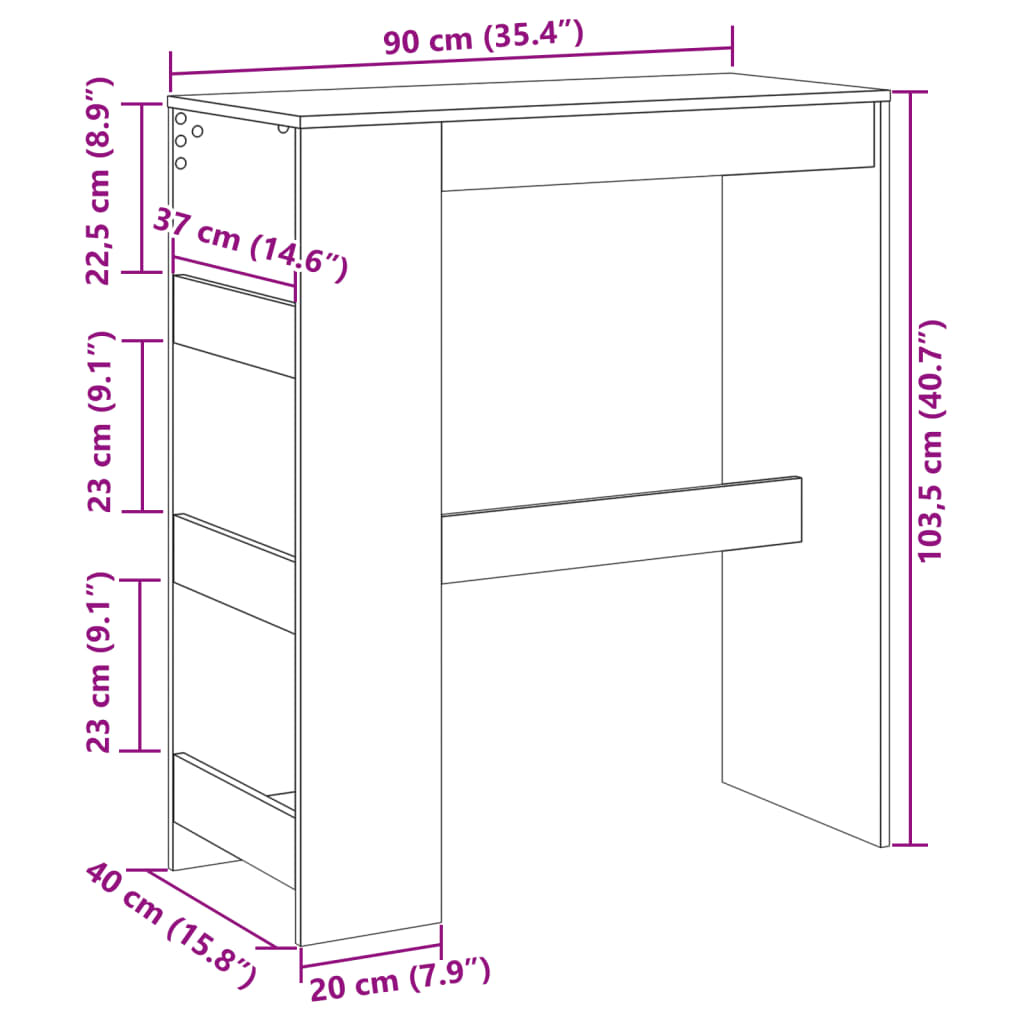 Masă de bar cu rafturi, alb, 90x40x103,5 cm, lemn prelucrat