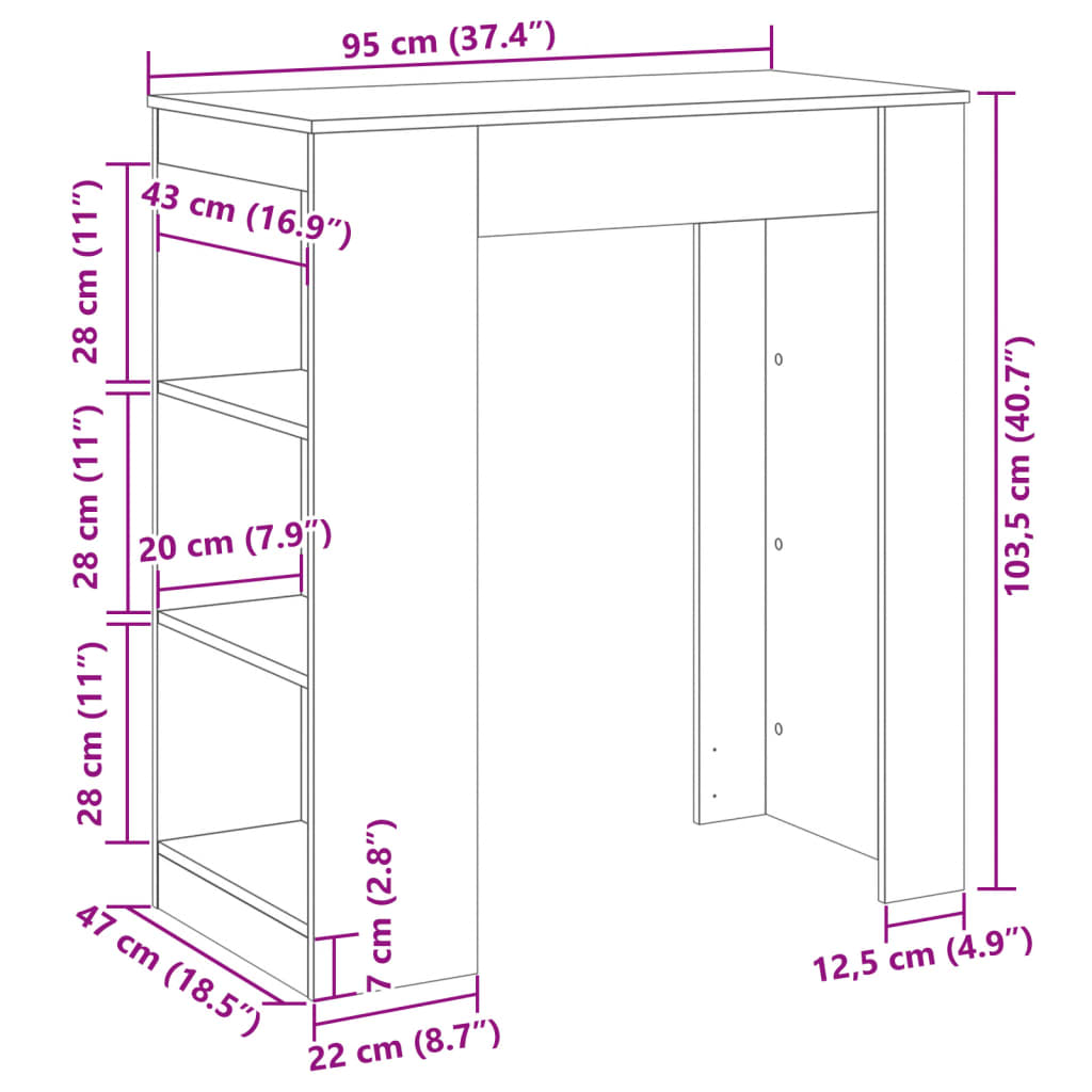 Masă de bar cu rafturi, alb, 95x47x103,5 cm, lemn prelucrat