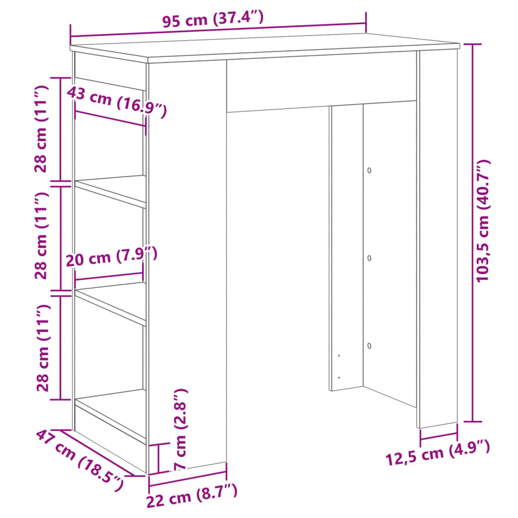 Masă de bar cu rafturi, stejar sonoma, 95x47x103,5 cm, lemn