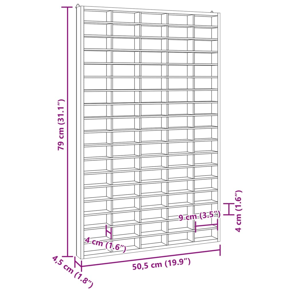 Vitrină de perete cu 90 de compartimente, 50,5x4,5x79 cm