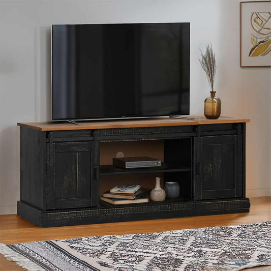 Dulap TV HALDEN 2 usi glisante negru 150x40x60 cm lemn masiv