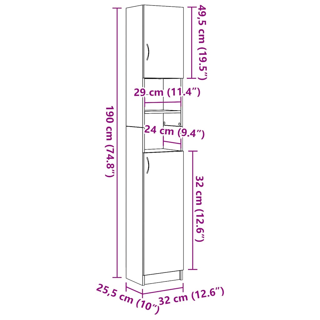 Dulap de baie, stejar artizanal, 32x25,5x190 cm, lemn prelucrat