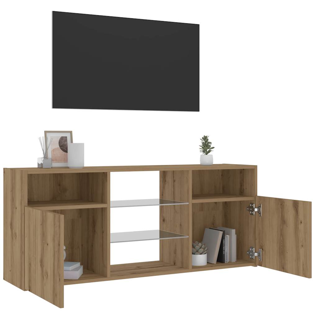 Dulap TV cu LED stejar artizanal 120x30x50 cm lemn prelucrat