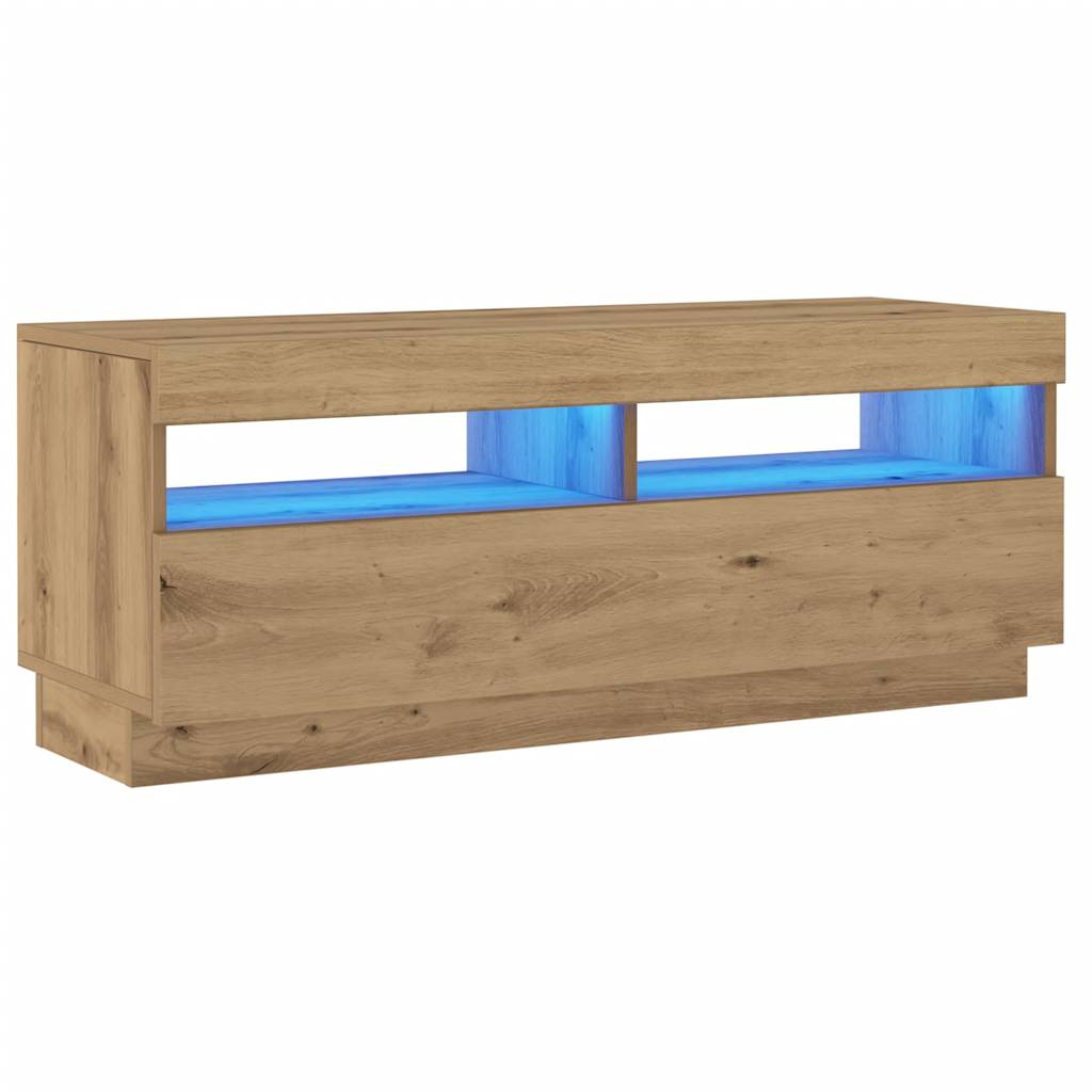 Dulap TV lumini LED stejar artizanal 100x35x40cm lemn prelucrat
