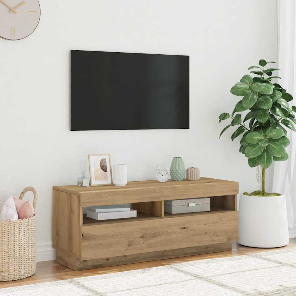 Dulap TV lumini LED stejar artizanal 100x35x40cm lemn prelucrat