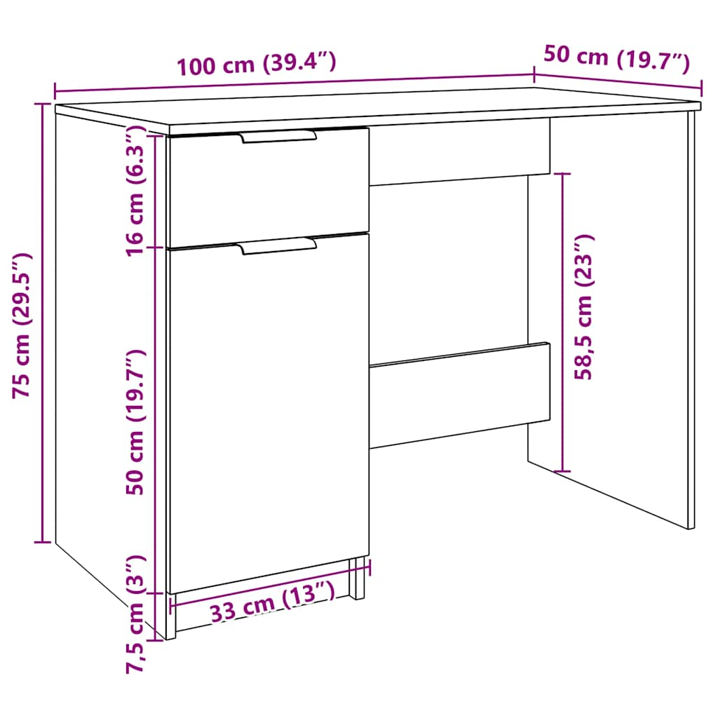 Birou, stejar artizanal, 100x50x75 cm, lemn prelucrat