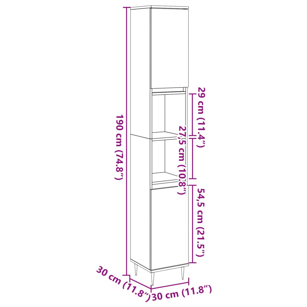 Dulap de baie, gri beton, 30x30x190 cm, lemn prelucrat