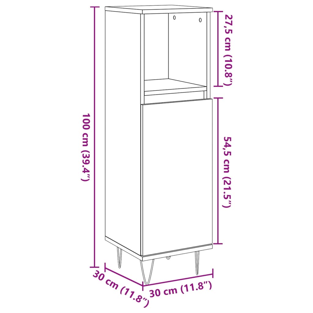 Dulap de baie, gri beton, 30x30x100 cm, lemn prelucrat