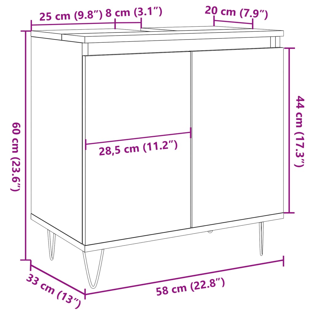 Dulap de baie, stejar artizanal, 58x33x60 cm, lemn prelucrat