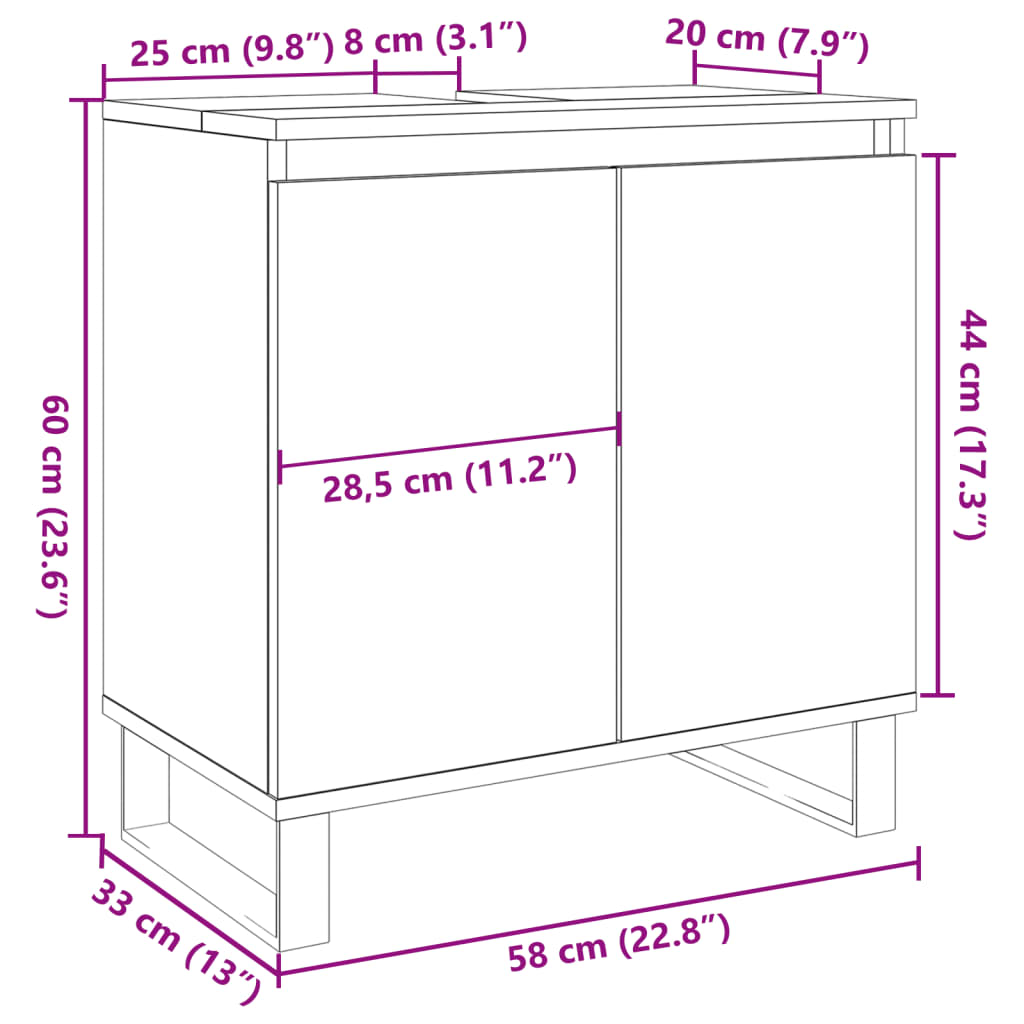 Dulap de baie, stejar artizanal, 58x33x60 cm, lemn prelucrat