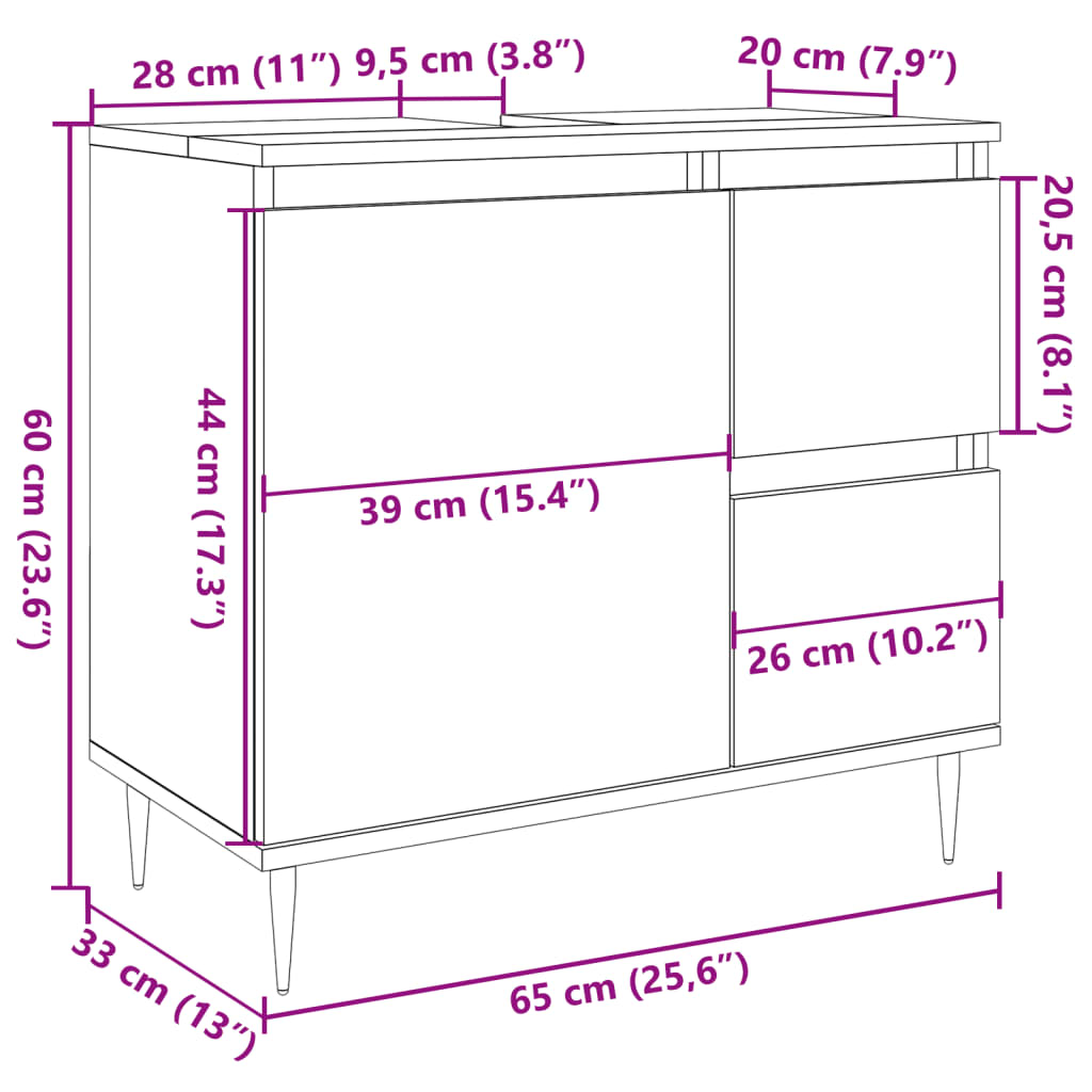 Dulap de baie, gri beton, 65x33x60 cm, lemn prelucrat