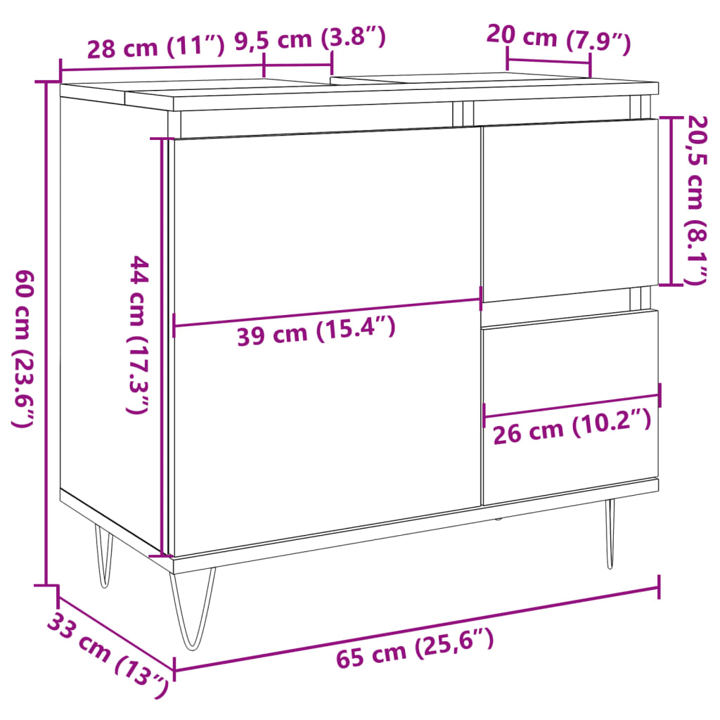 Dulap de chiuvetă baie, gri beton, 65x33x60 cm, lemn prelucrat